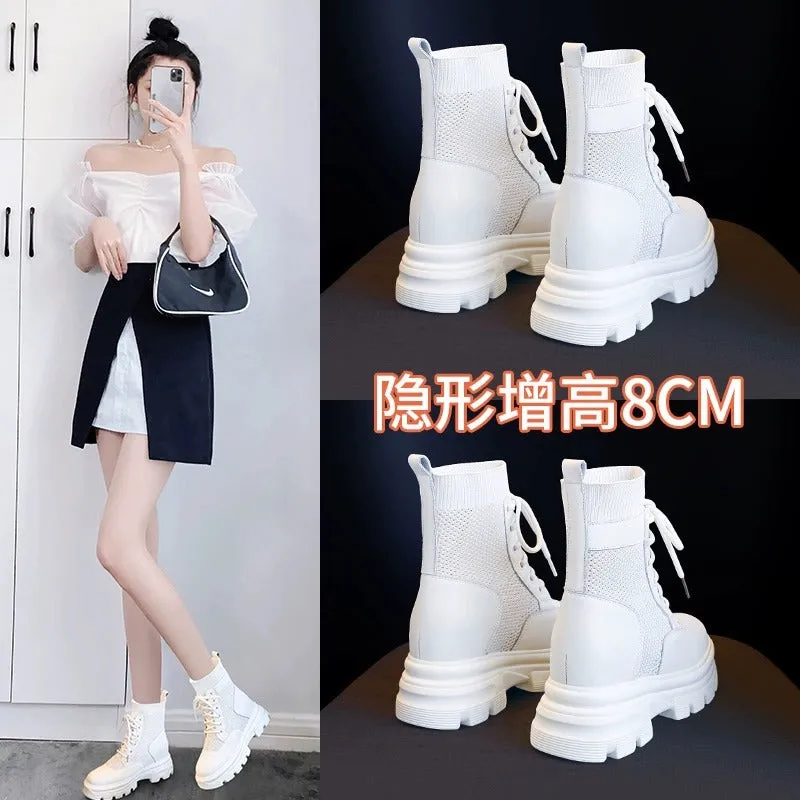 Hight Increasing Martin Boots Women's  Spring and Autumn New Mesh Breathable Hollow Booties Versatile British Style Summer Thin Boots