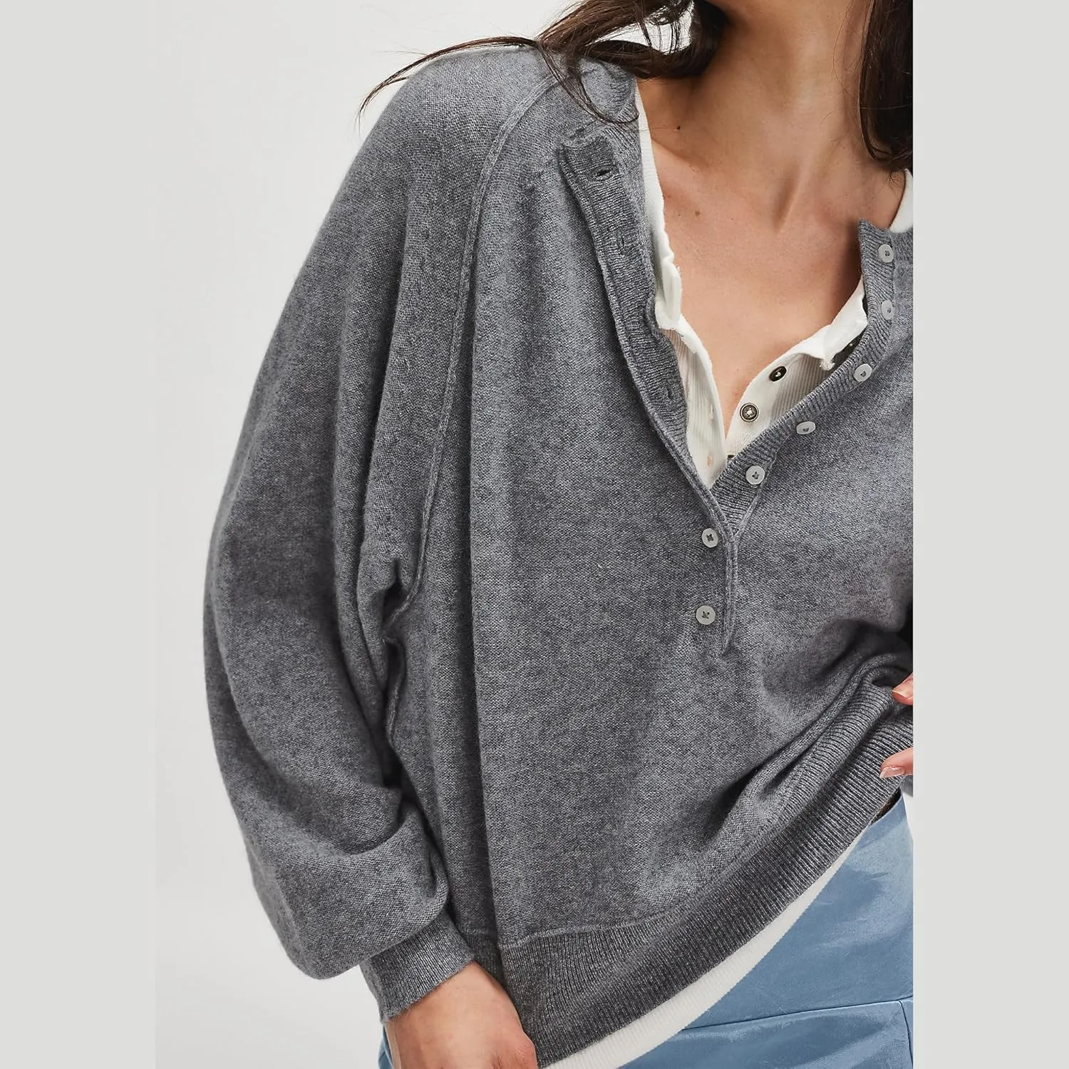 Hixiaohe Women's Long Sleeve Button Down Sweater Knitted Pullover Henley Shirts Casual Tops Lightweight Trendy Outfits