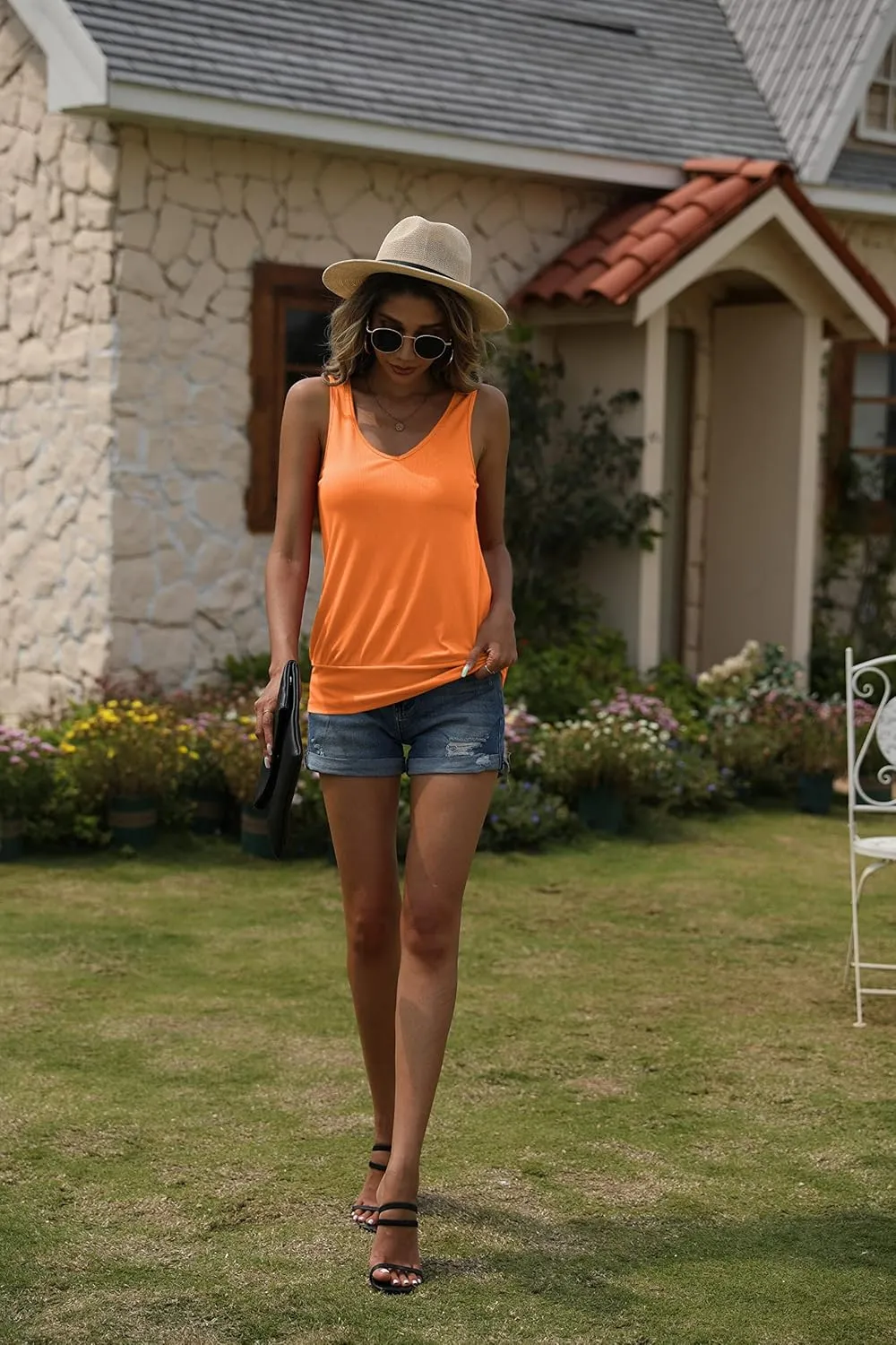 Hongqizo Women Tank Top Summer V Neck Ribbed Casual Tops Sleeveless Loose Fit Banded Bottom Camisole