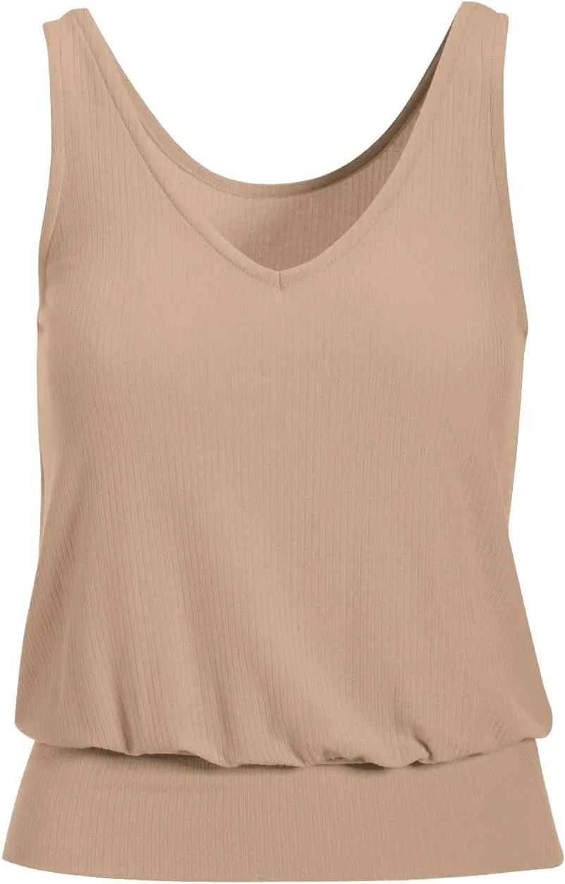 Hongqizo Women Tank Top Summer V Neck Ribbed Casual Tops Sleeveless Loose Fit Banded Bottom Camisole