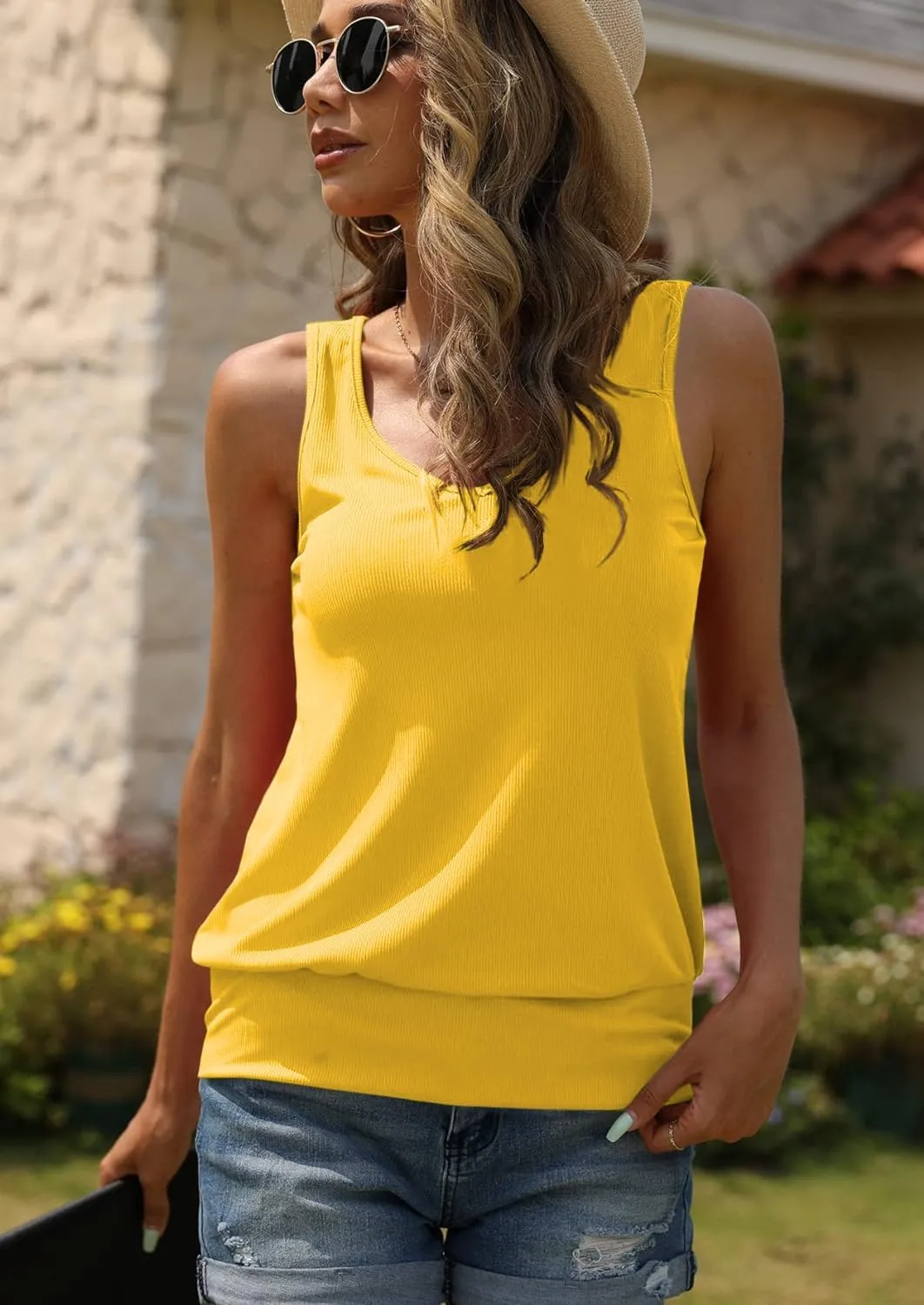 Hongqizo Women Tank Top Summer V Neck Ribbed Casual Tops Sleeveless Loose Fit Banded Bottom Camisole