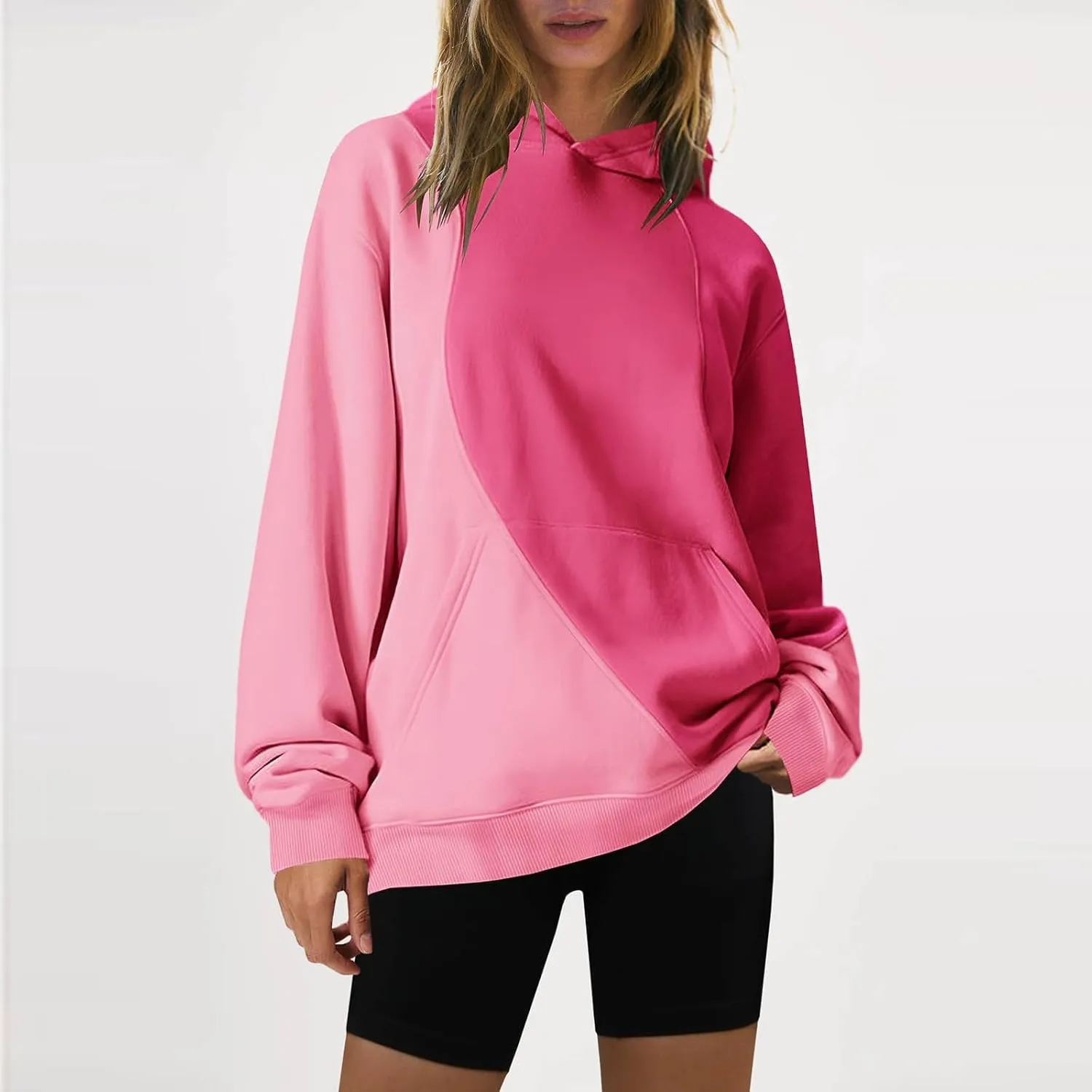 Hoodies for Women Long Sleeve Hoodies Pullover Color Block Loose Fit Hooded Sweatshirt with Pockets Casual Fall Clothes