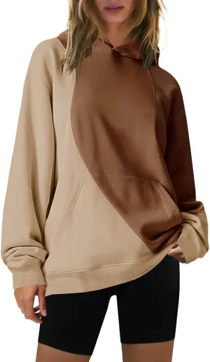 Hoodies for Women Long Sleeve Hoodies Pullover Color Block Loose Fit Hooded Sweatshirt with Pockets Casual Fall Clothes