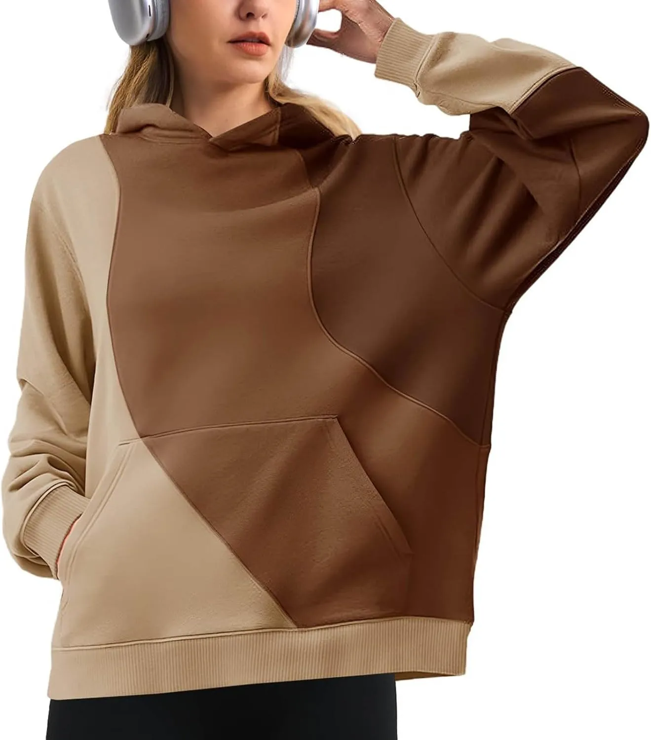Hoodies for Women Long Sleeve Hoodies Pullover Color Block Loose Fit Hooded Sweatshirt with Pockets Casual Fall Clothes