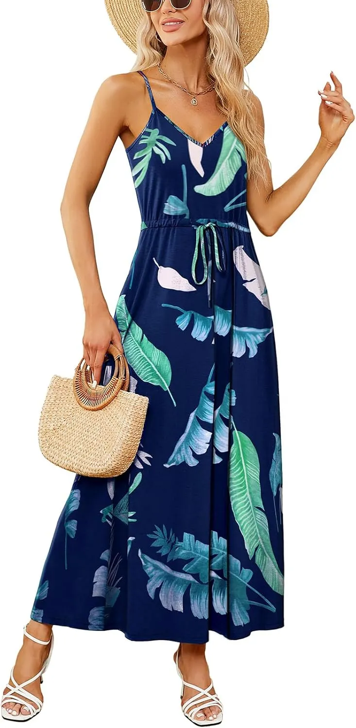 HUSKARY Womens Summer Sleeveless V Neck Spaghetti Strap Pockets Beach Boho Vacation Casual Spring Maxi Dress
