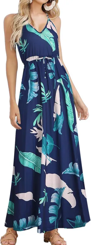 HUSKARY Womens Summer Sleeveless V Neck Spaghetti Strap Pockets Beach Boho Vacation Casual Spring Maxi Dress