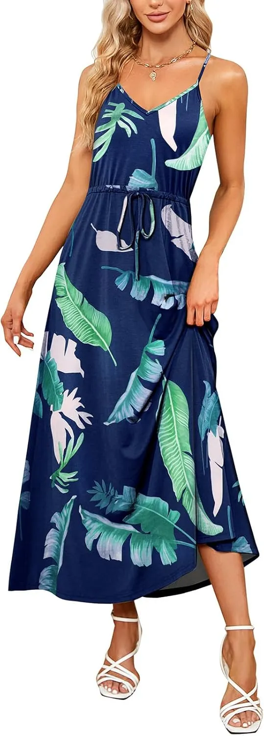 HUSKARY Womens Summer Sleeveless V Neck Spaghetti Strap Pockets Beach Boho Vacation Casual Spring Maxi Dress