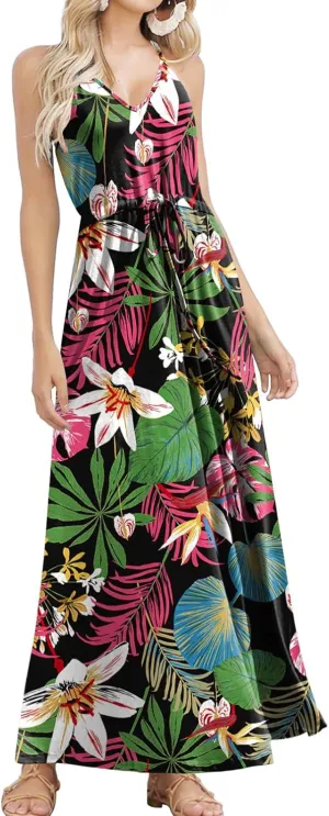 HUSKARY Womens Summer Sleeveless V Neck Spaghetti Strap Pockets Beach Boho Vacation Casual Spring Maxi Dress