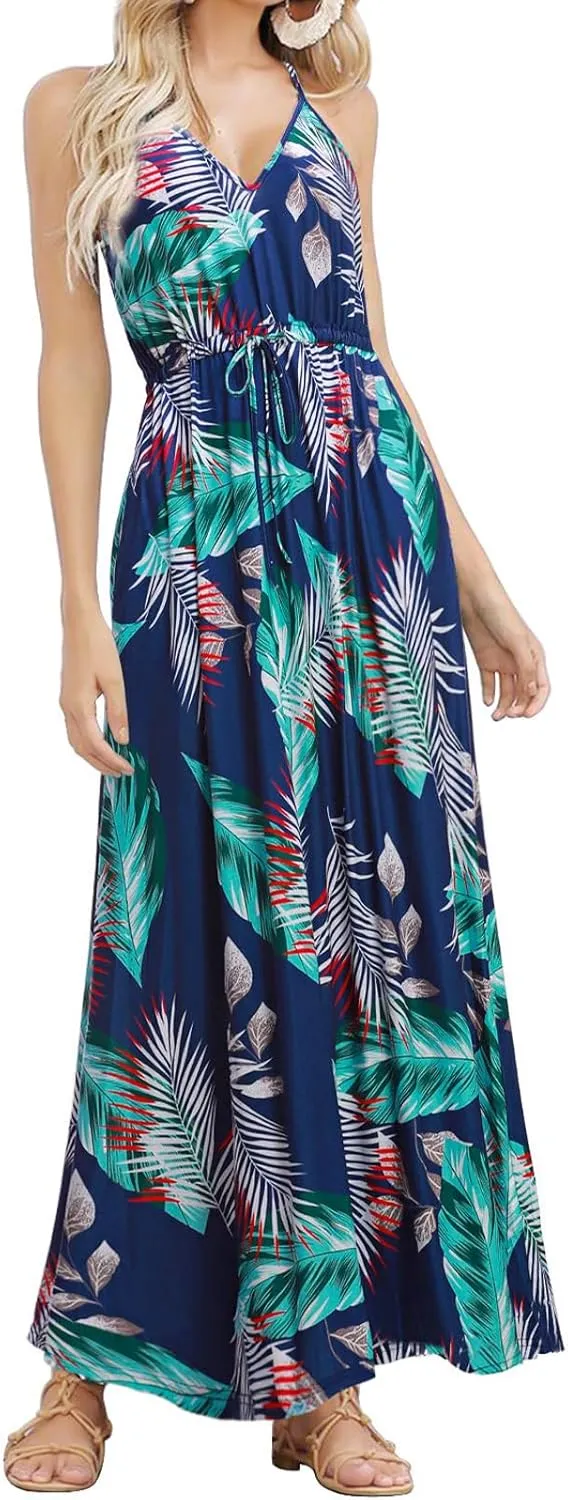 HUSKARY Womens Summer Sleeveless V Neck Spaghetti Strap Pockets Beach Boho Vacation Casual Spring Maxi Dress