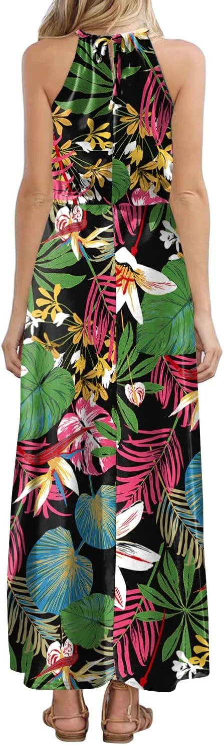 HUSKARY Womens Summer Sleeveless V Neck Spaghetti Strap Pockets Beach Boho Vacation Casual Spring Maxi Dress
