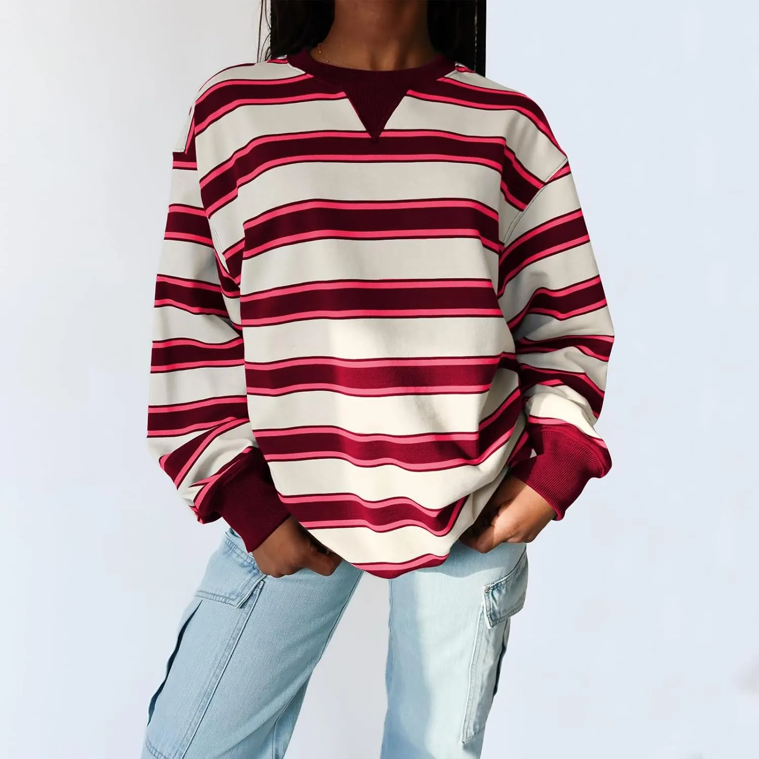 IMISSILLEB Women Oversized Patchwork Sweatshirt Long Sleeve Crewneck Color Block Striped Pullovers 2024 Fall Casual Tops