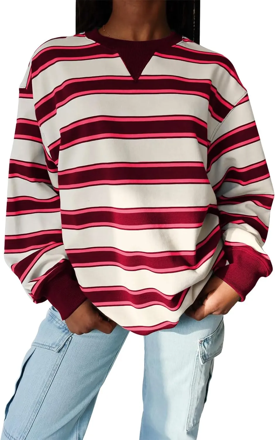 IMISSILLEB Women Oversized Patchwork Sweatshirt Long Sleeve Crewneck Color Block Striped Pullovers 2024 Fall Casual Tops