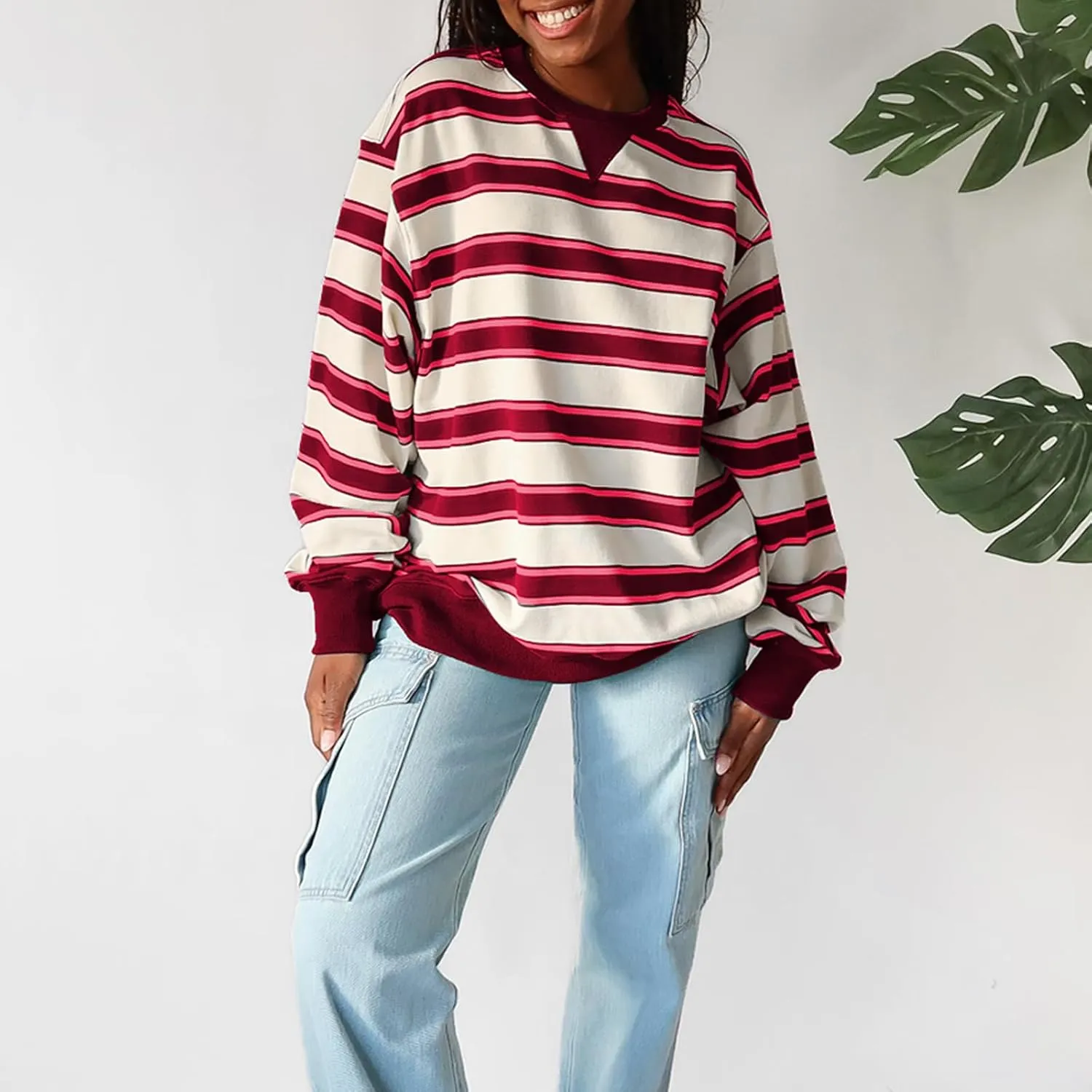 IMISSILLEB Women Oversized Patchwork Sweatshirt Long Sleeve Crewneck Color Block Striped Pullovers 2024 Fall Casual Tops
