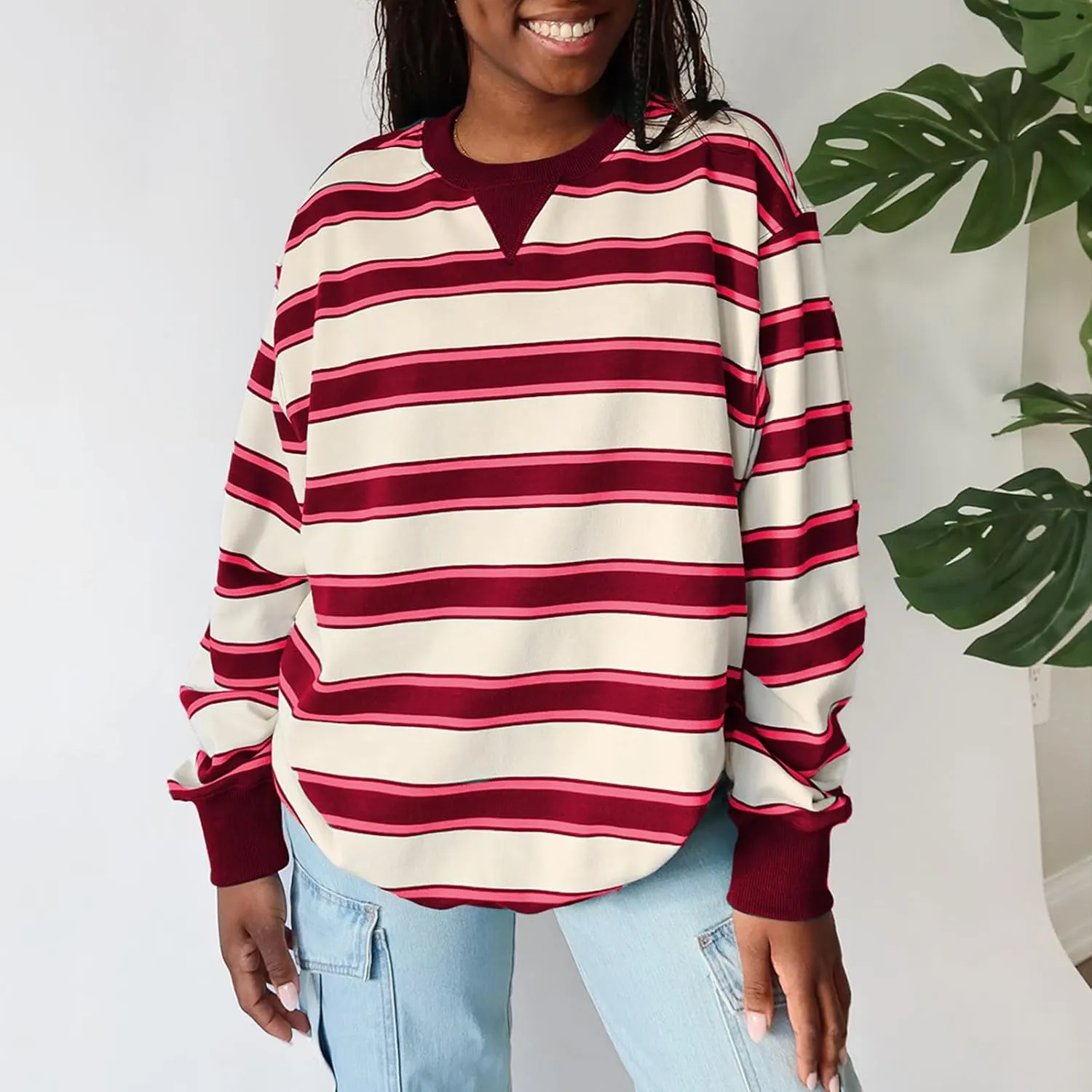 IMISSILLEB Women Oversized Patchwork Sweatshirt Long Sleeve Crewneck Color Block Striped Pullovers 2024 Fall Casual Tops