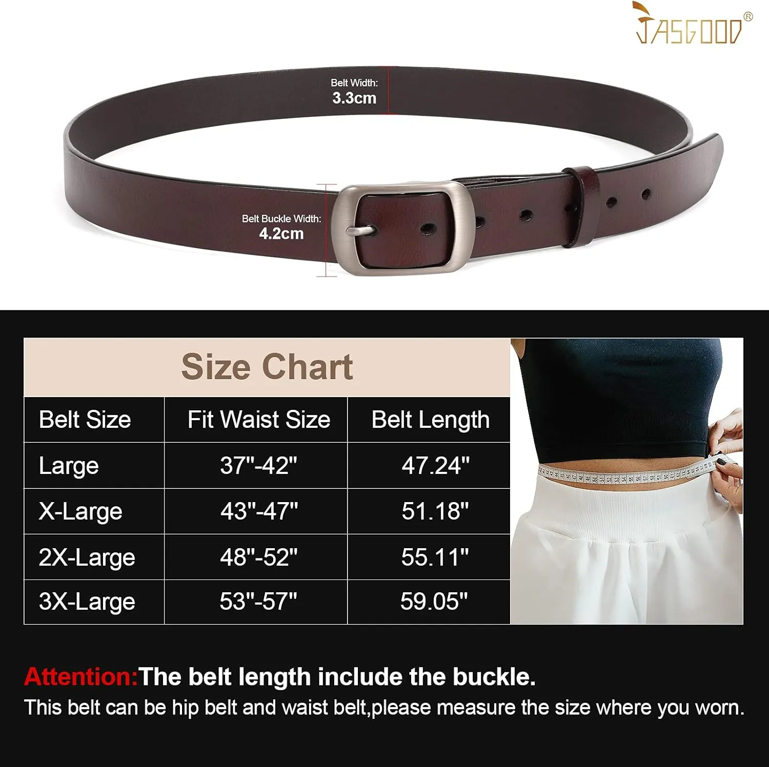 JASGOOD Plus Size Women Leather Belt Black Casual Waist Belt for Jeans Pants with Metal Pin Buckle