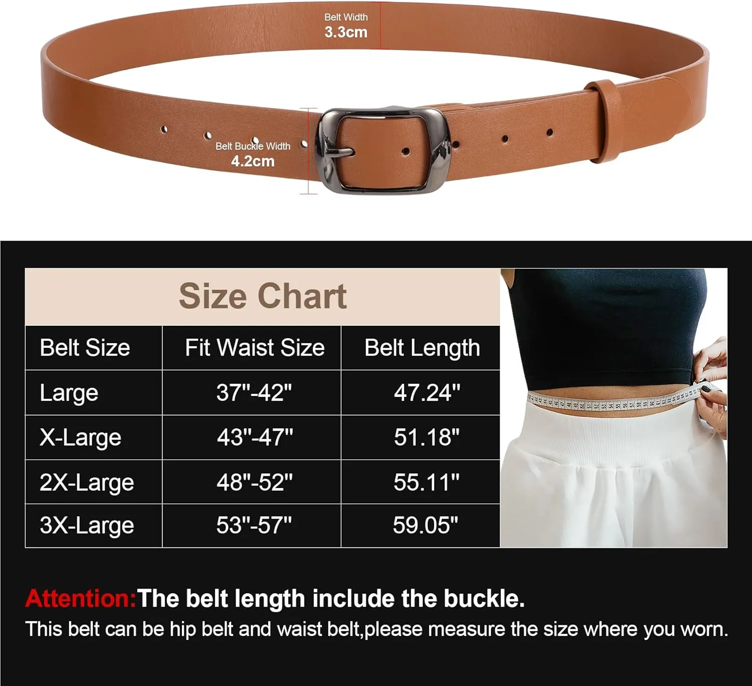 JASGOOD Plus Size Women Leather Belt Black Casual Waist Belt for Jeans Pants with Metal Pin Buckle