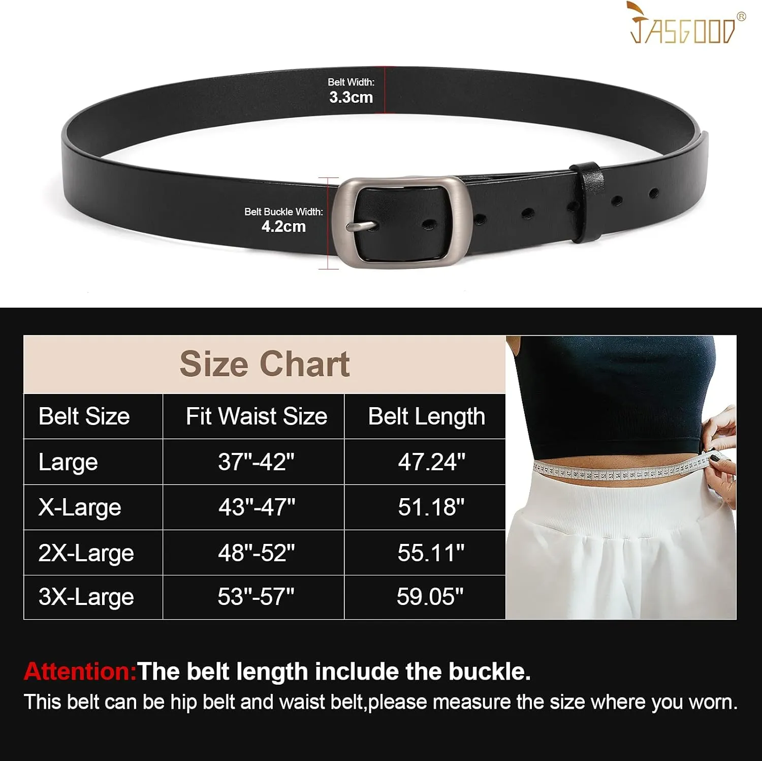 JASGOOD Plus Size Women Leather Belt Black Casual Waist Belt for Jeans Pants with Metal Pin Buckle
