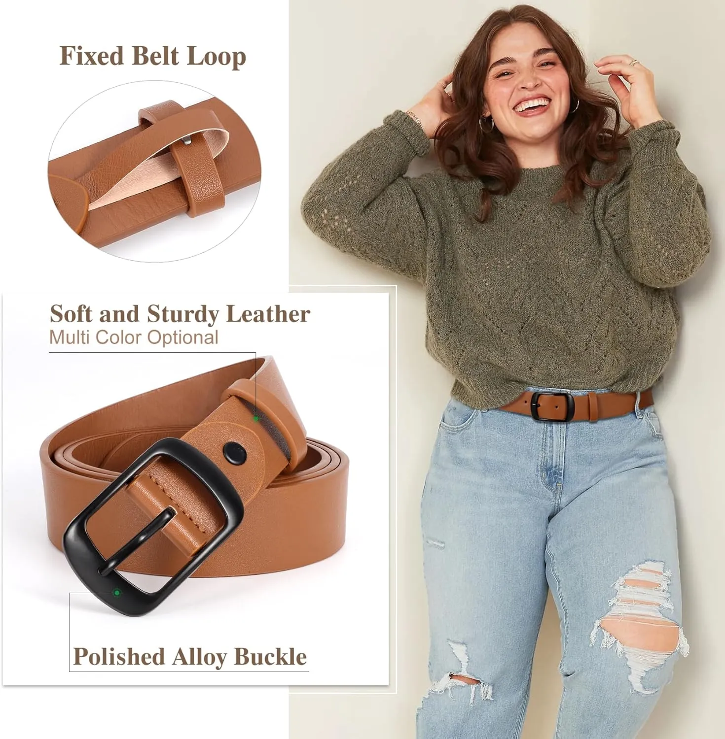JASGOOD Plus Size Women Leather Belt Black Casual Waist Belt for Jeans Pants with Metal Pin Buckle