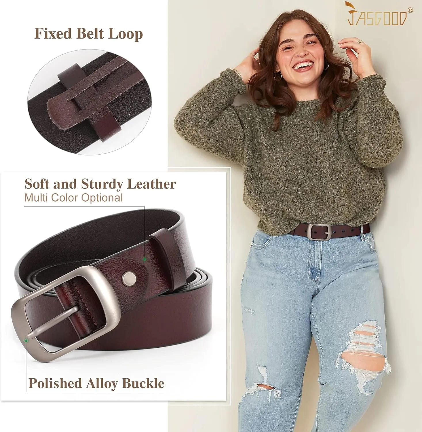 JASGOOD Plus Size Women Leather Belt Black Casual Waist Belt for Jeans Pants with Metal Pin Buckle