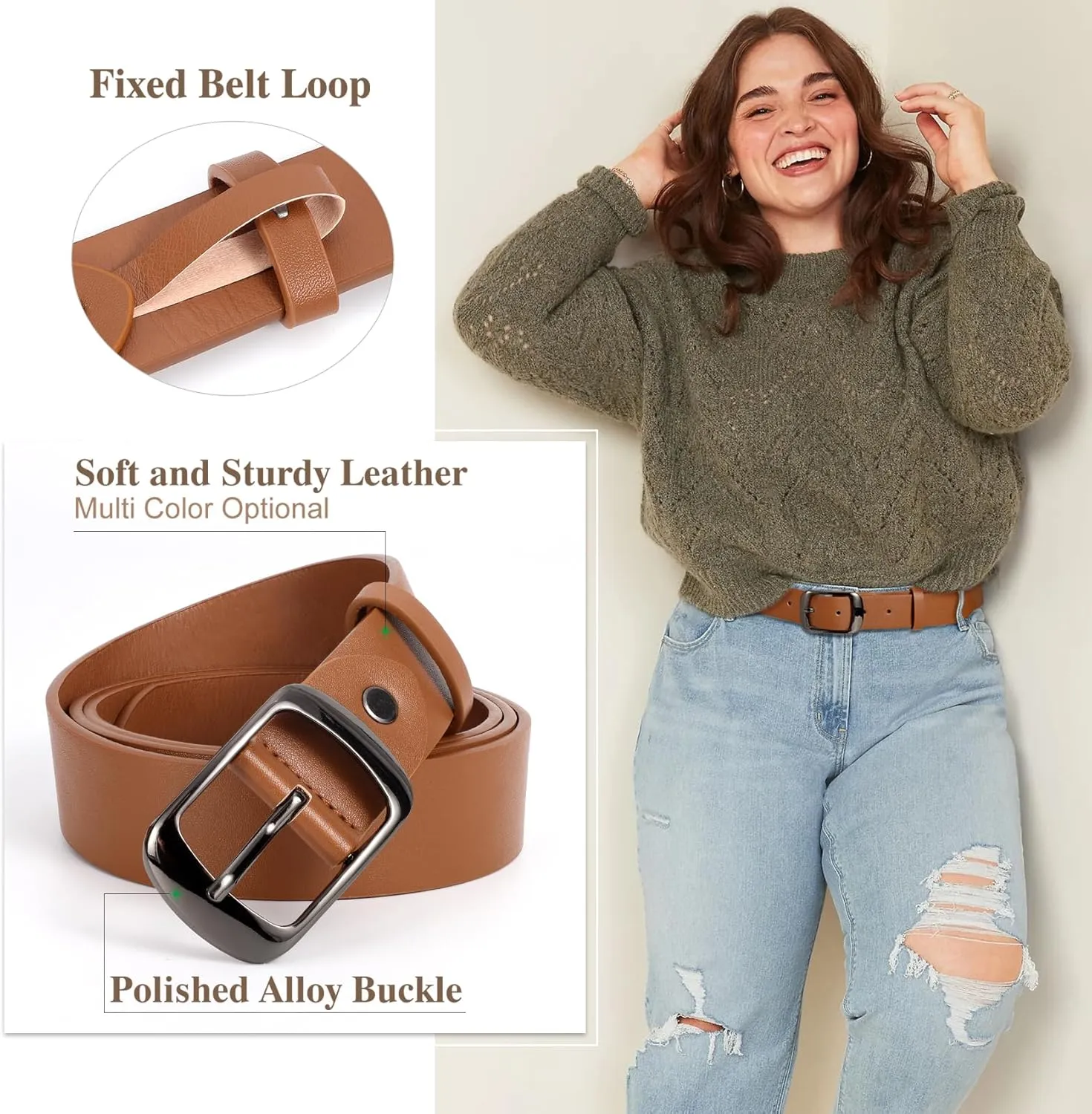 JASGOOD Plus Size Women Leather Belt Black Casual Waist Belt for Jeans Pants with Metal Pin Buckle