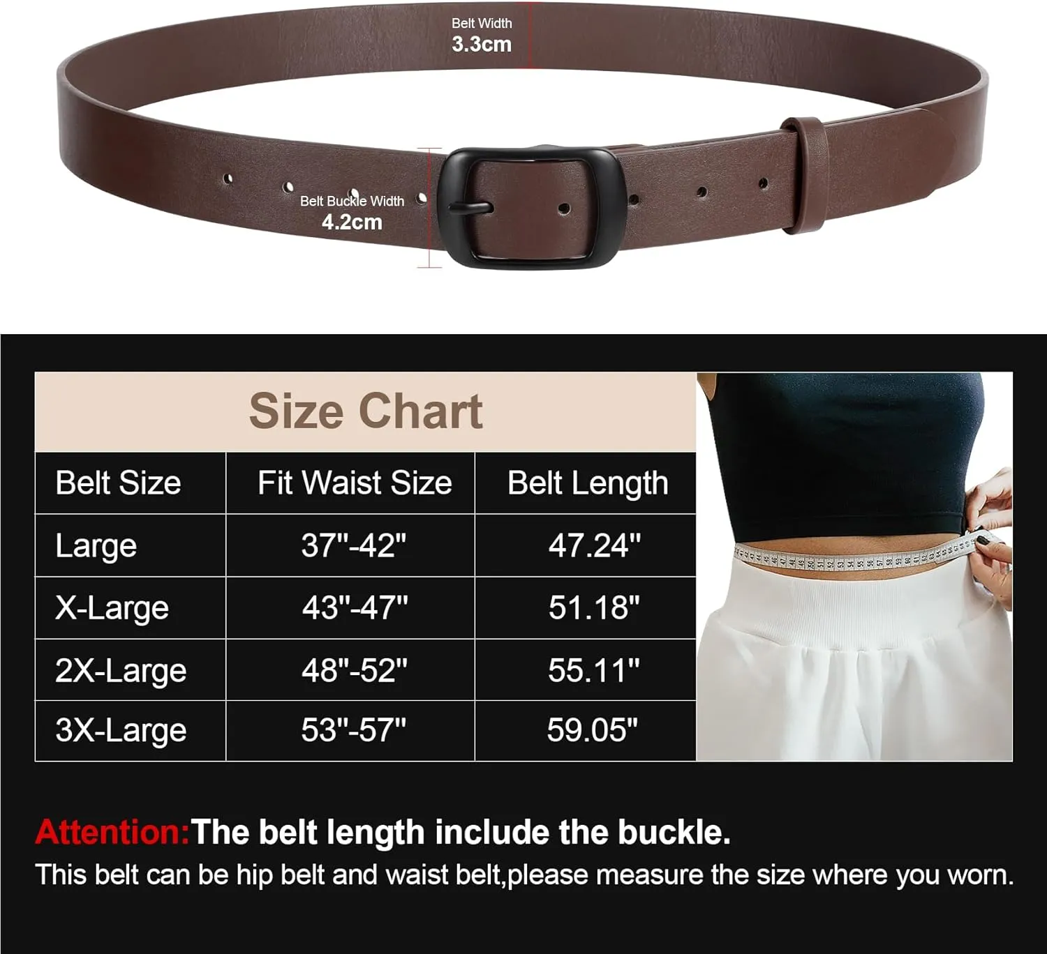 JASGOOD Plus Size Women Leather Belt Black Casual Waist Belt for Jeans Pants with Metal Pin Buckle