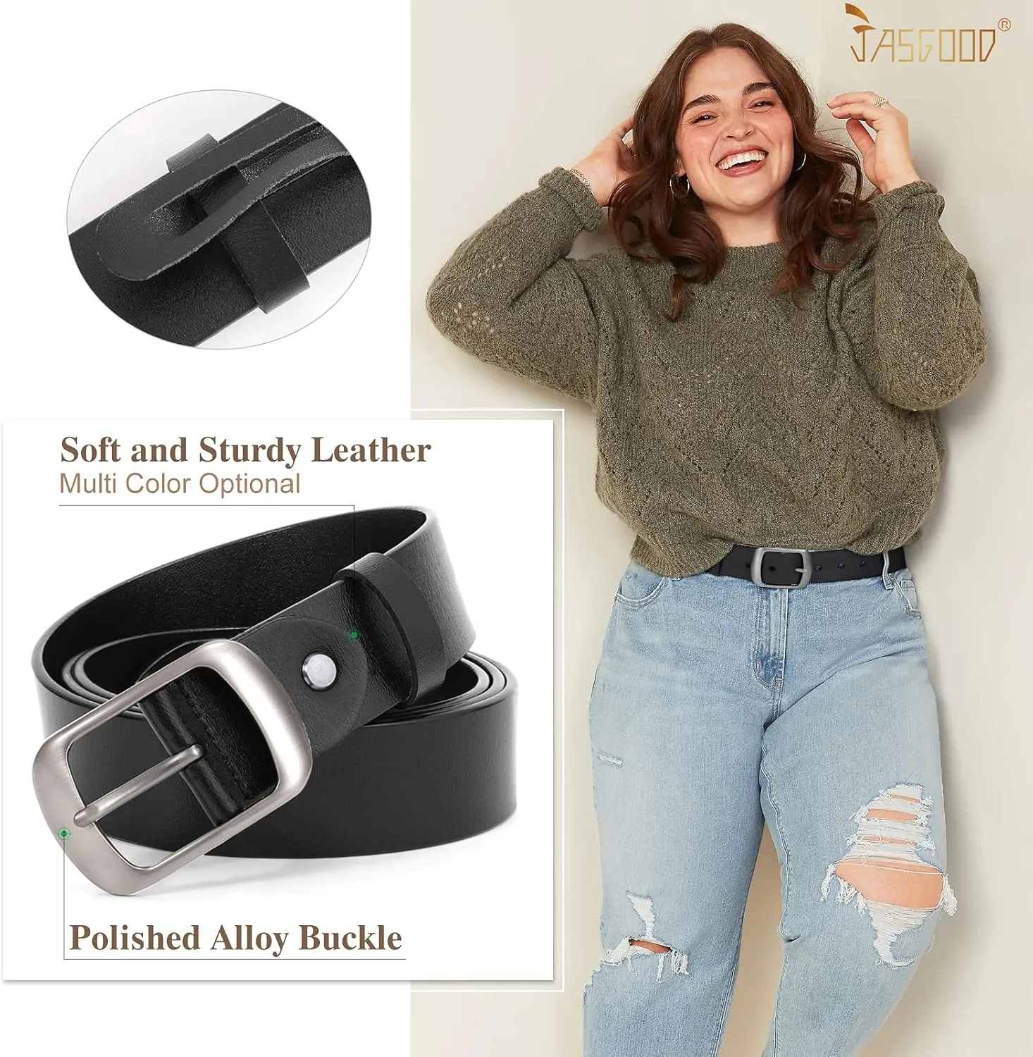 JASGOOD Plus Size Women Leather Belt Black Casual Waist Belt for Jeans Pants with Metal Pin Buckle