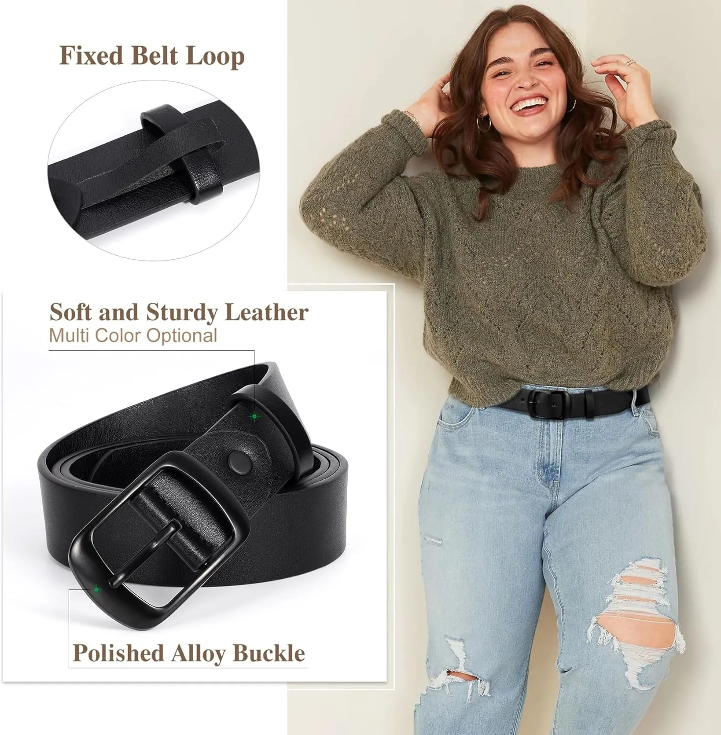 JASGOOD Plus Size Women Leather Belt Black Casual Waist Belt for Jeans Pants with Metal Pin Buckle