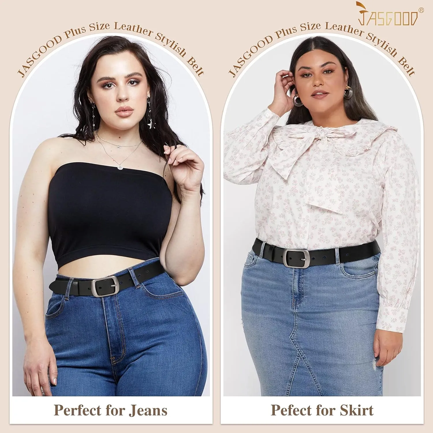 JASGOOD Plus Size Women Leather Belt Black Casual Waist Belt for Jeans Pants with Metal Pin Buckle