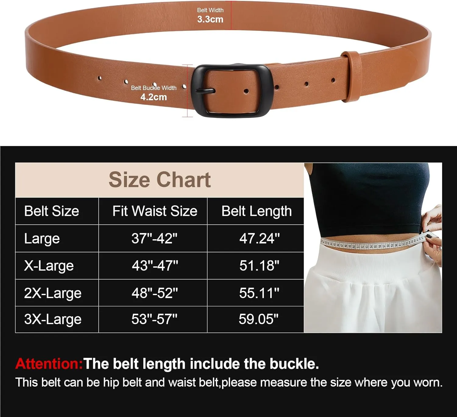 JASGOOD Plus Size Women Leather Belt Black Casual Waist Belt for Jeans Pants with Metal Pin Buckle