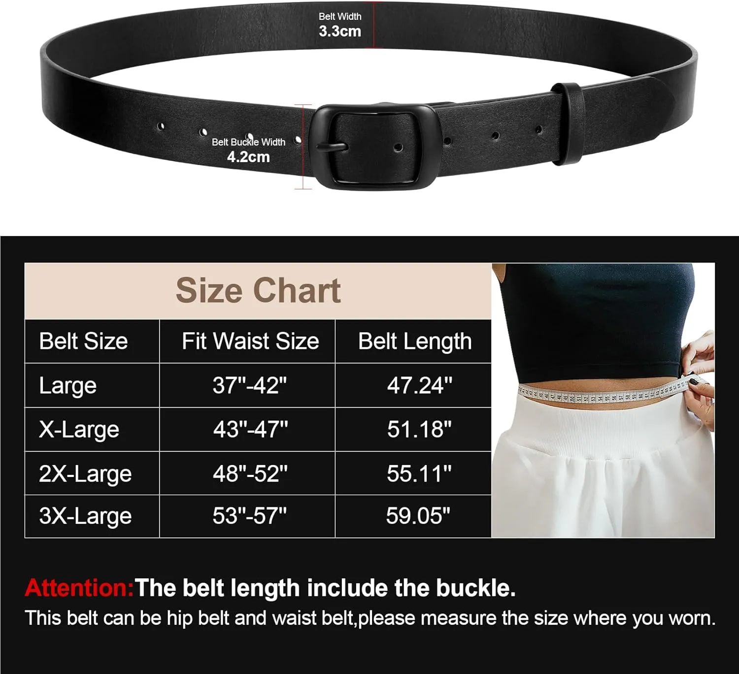 JASGOOD Plus Size Women Leather Belt Black Casual Waist Belt for Jeans Pants with Metal Pin Buckle
