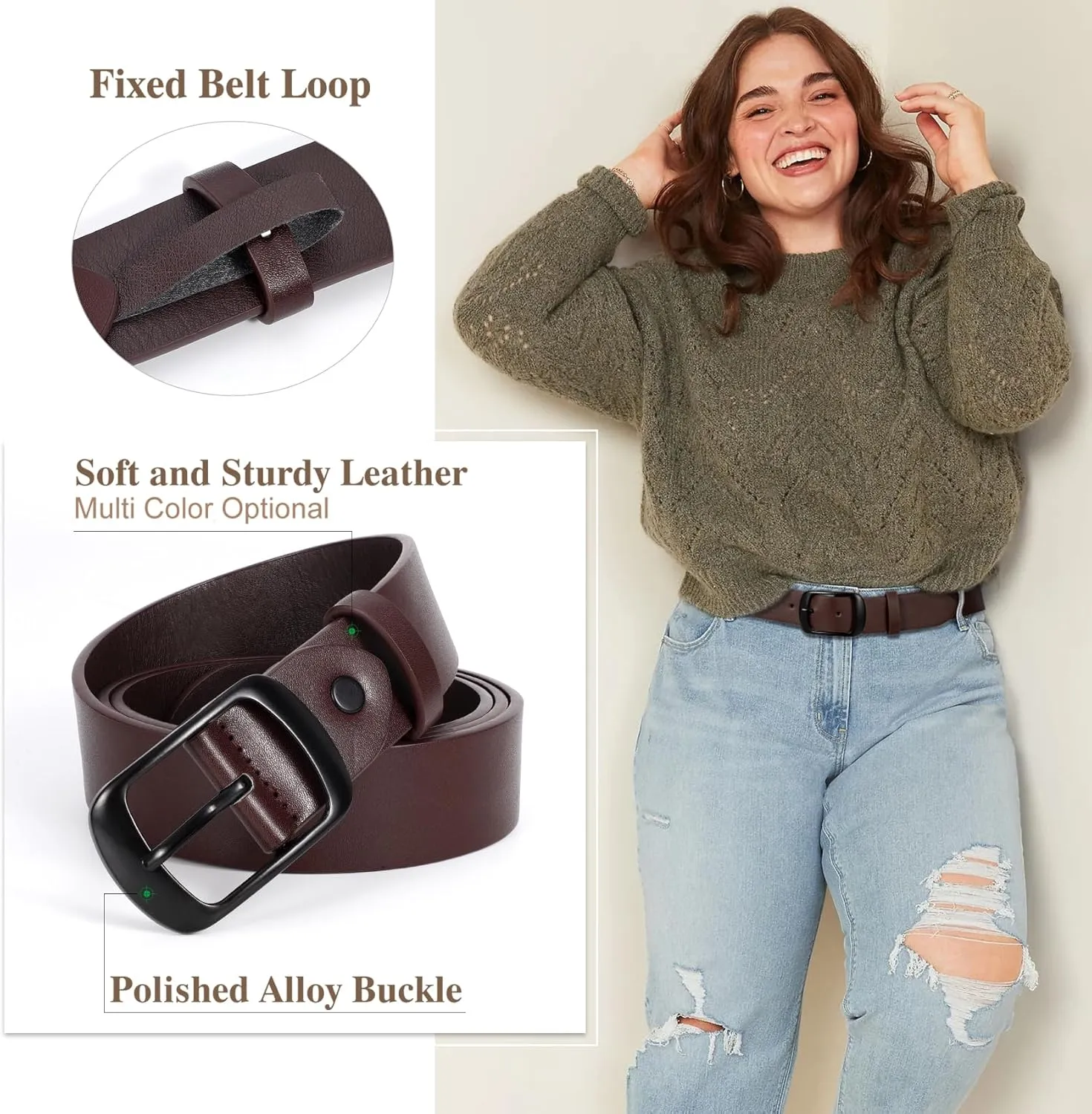 JASGOOD Plus Size Women Leather Belt Black Casual Waist Belt for Jeans Pants with Metal Pin Buckle