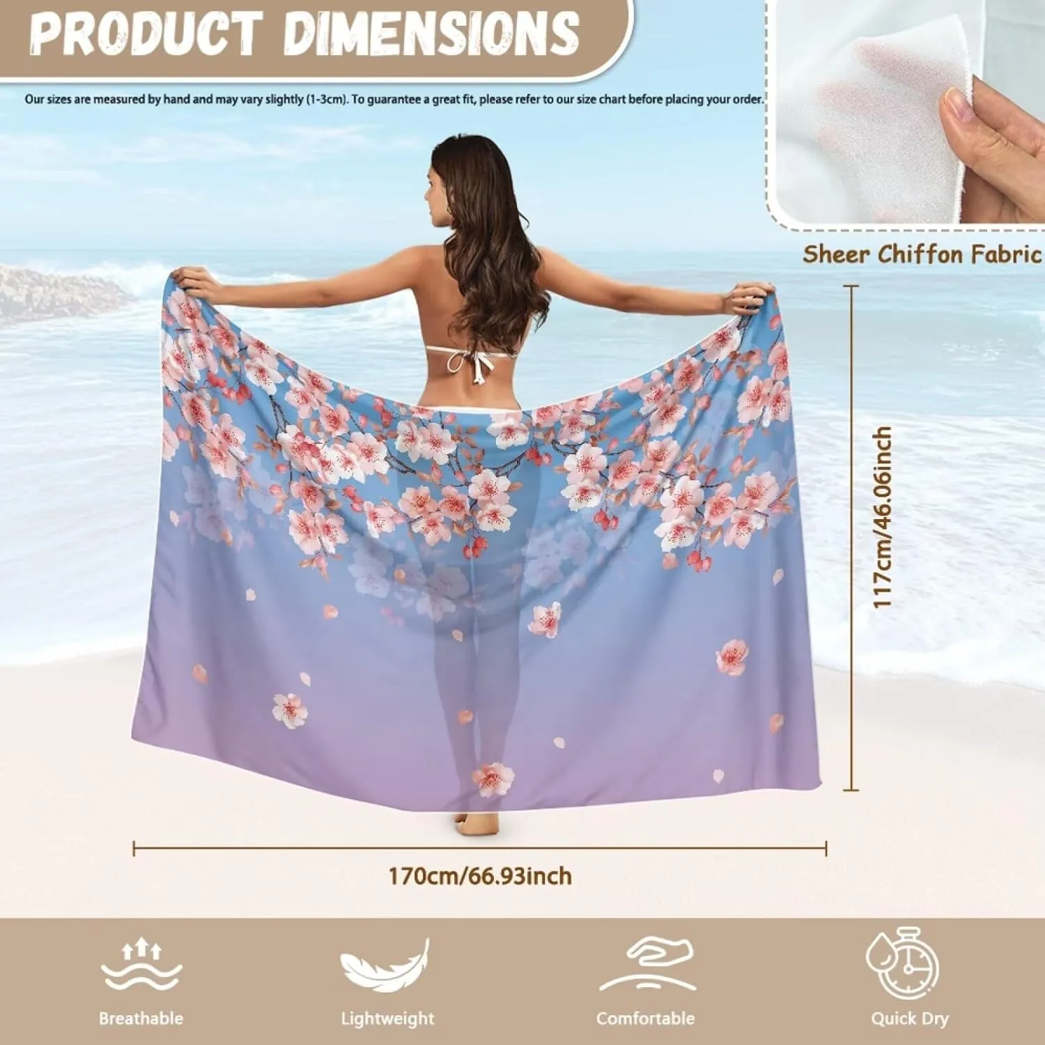 Jeiento Hawaii Style Swimwear Coverups Women's Chiffon Beach Sarong Wraps Sheer Bikini Cover Ups Lady Long Beach Skirt Shawl