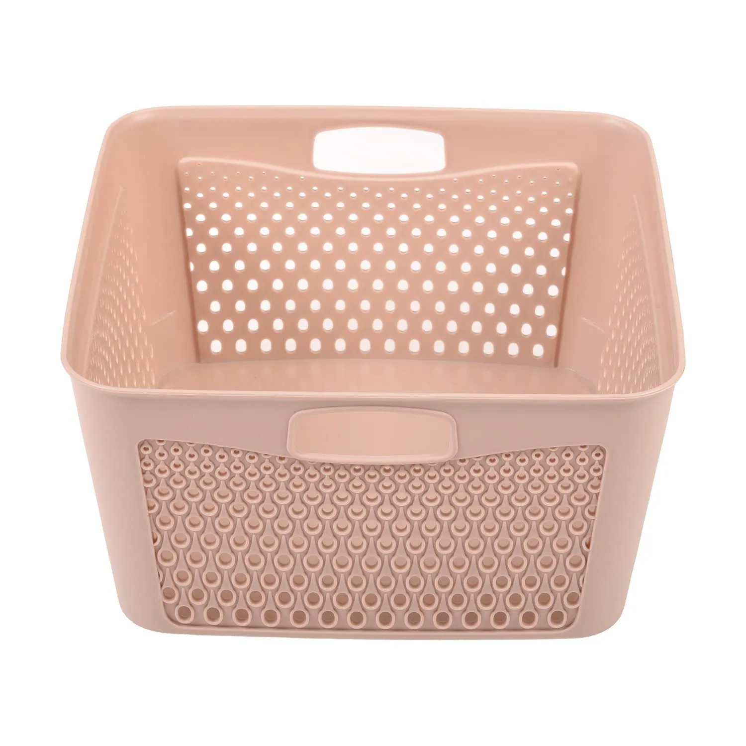 Kuber Industries Netted Design Unbreakable Multipurpose Square Shape Plastic Storage Baskets with lid Small Pack of 2 (Beige)