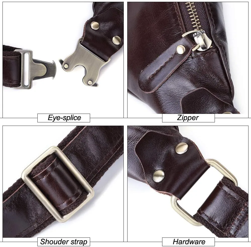 Leather Crossbody Fanny Pack for Men Large Waist Bag Adjustable Strap Outdoors Workout Traveling Hiking Cycling (Coffee,L 10.2 in x H 4.7 in)