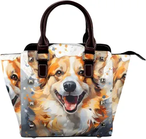 Leather Shoulder Bag for Women, Animal Corgi Studded Purse Dog Puppy Crossbody Handbags Punk Hobo Bag with Adjustable Strap