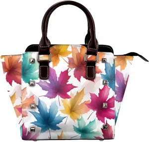 Leather Shoulder Bag for Women, Colorful Maple Leaves Studded Purse Fall autumnn Leaf Crossbody Handbags Punk Hobo Bag with Adjustable Strap