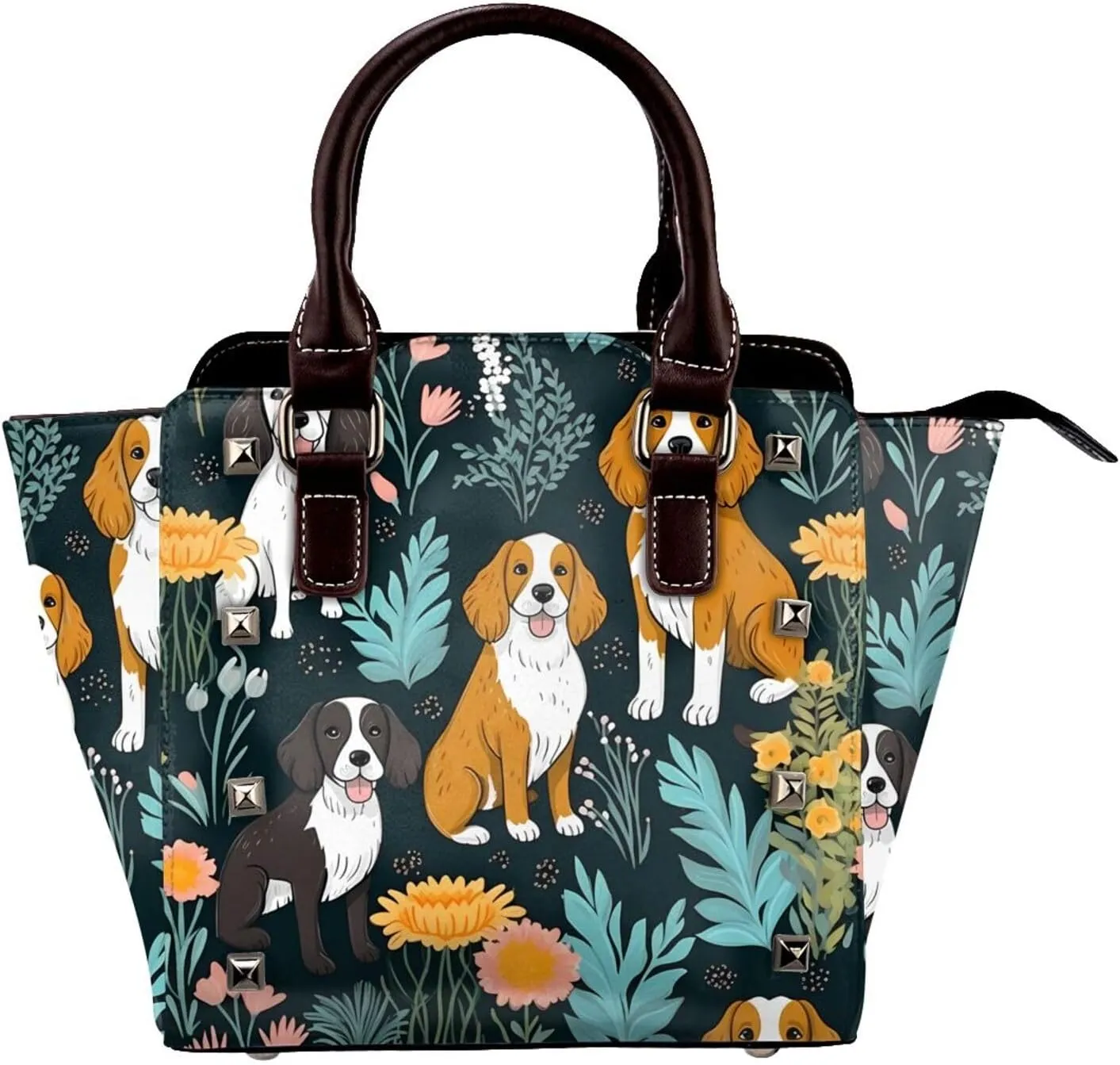 Leather Shoulder Bag for Women, Cute Dog Flower Studded Purse Cartoon Puppies Crossbody Handbags Punk Hobo Bag with Adjustable Strap
