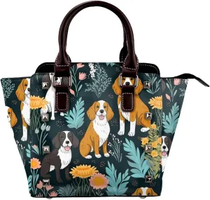 Leather Shoulder Bag for Women, Cute Dog Flower Studded Purse Cartoon Puppies Crossbody Handbags Punk Hobo Bag with Adjustable Strap