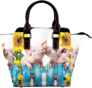 Leather Shoulder Bag for Women, Cute Pig Studded Purse Farm Sunflower Crossbody Handbags Punk Hobo Bag with Adjustable Strap