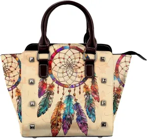 Leather Shoulder Bag for Women, Dream Catchers Studded Purse Colorful Feather Crossbody Handbags Punk Hobo Bag with Adjustable Strap