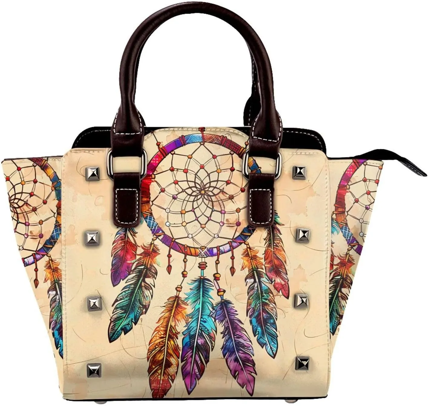 Leather Shoulder Bag for Women, Dream Catchers Studded Purse Colorful Feather Crossbody Handbags Punk Hobo Bag with Adjustable Strap