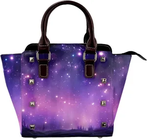 Leather Shoulder Bag for Women, Forest Starry Night Studded Purse Galaxy Star Crossbody Handbags Punk Hobo Bag with Adjustable Strap