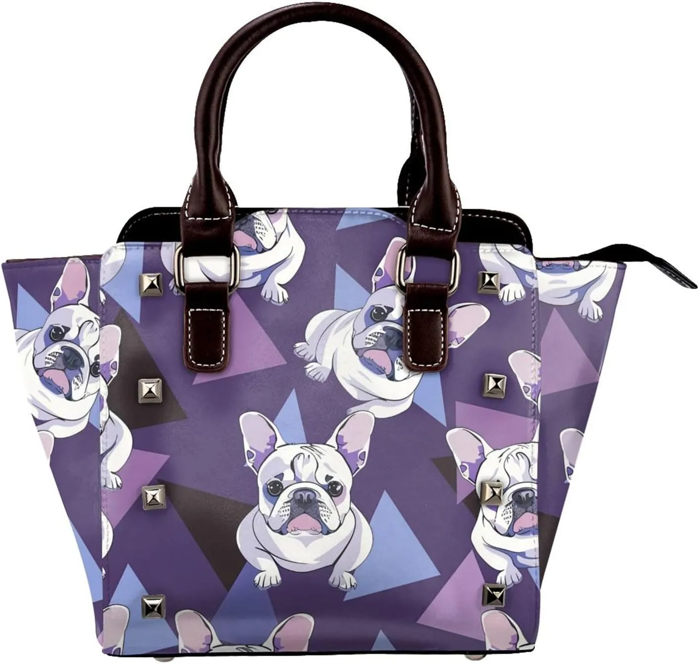Leather Shoulder Bag for Women, French Bulldog Studded Purse Geometric Crossbody Handbags Punk Hobo Bag with Adjustable Strap