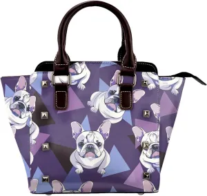 Leather Shoulder Bag for Women, French Bulldog Studded Purse Geometric Crossbody Handbags Punk Hobo Bag with Adjustable Strap