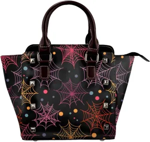 Leather Shoulder Bag for Women, Galaxy Cobweb Studded Purse Halloween Spider Web Crossbody Handbags Punk Hobo Bag with Adjustable Strap