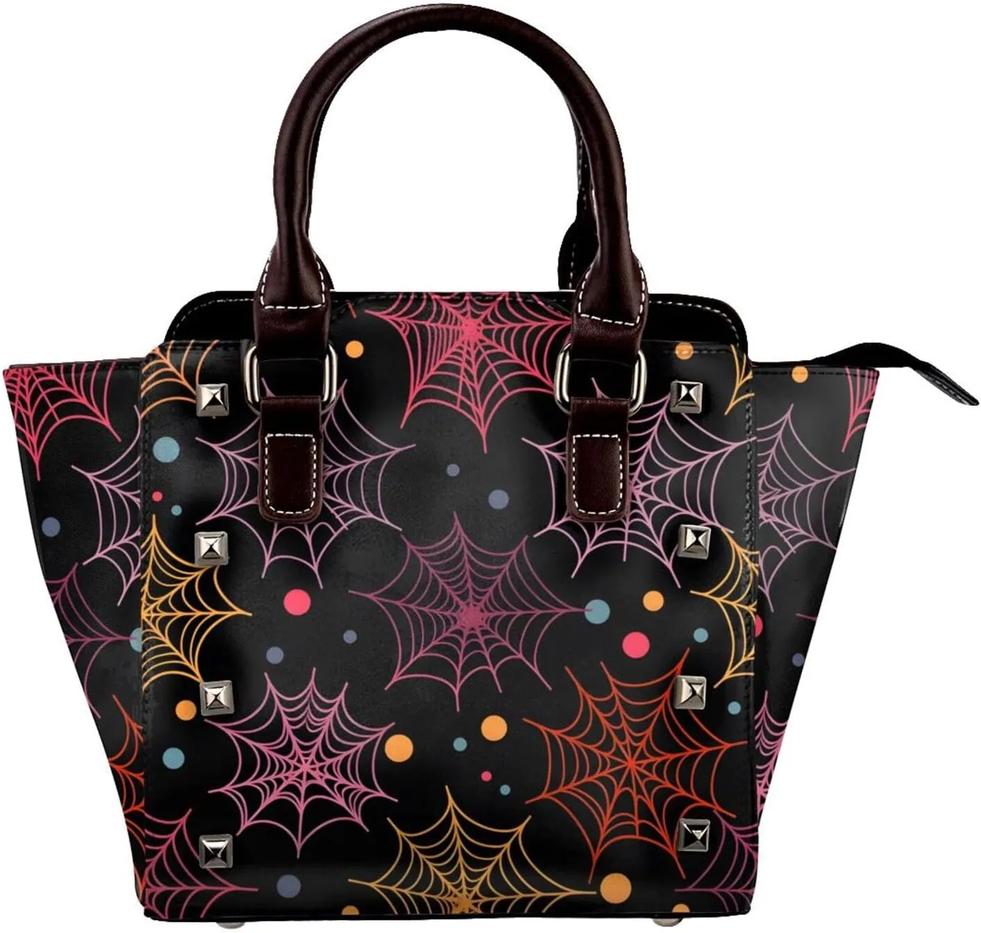 Leather Shoulder Bag for Women, Galaxy Cobweb Studded Purse Halloween Spider Web Crossbody Handbags Punk Hobo Bag with Adjustable Strap