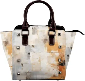 Leather Shoulder Bag for Women, Gray Abstract Studded Purse Modern Art Crossbody Handbags Punk Hobo Bag with Adjustable Strap