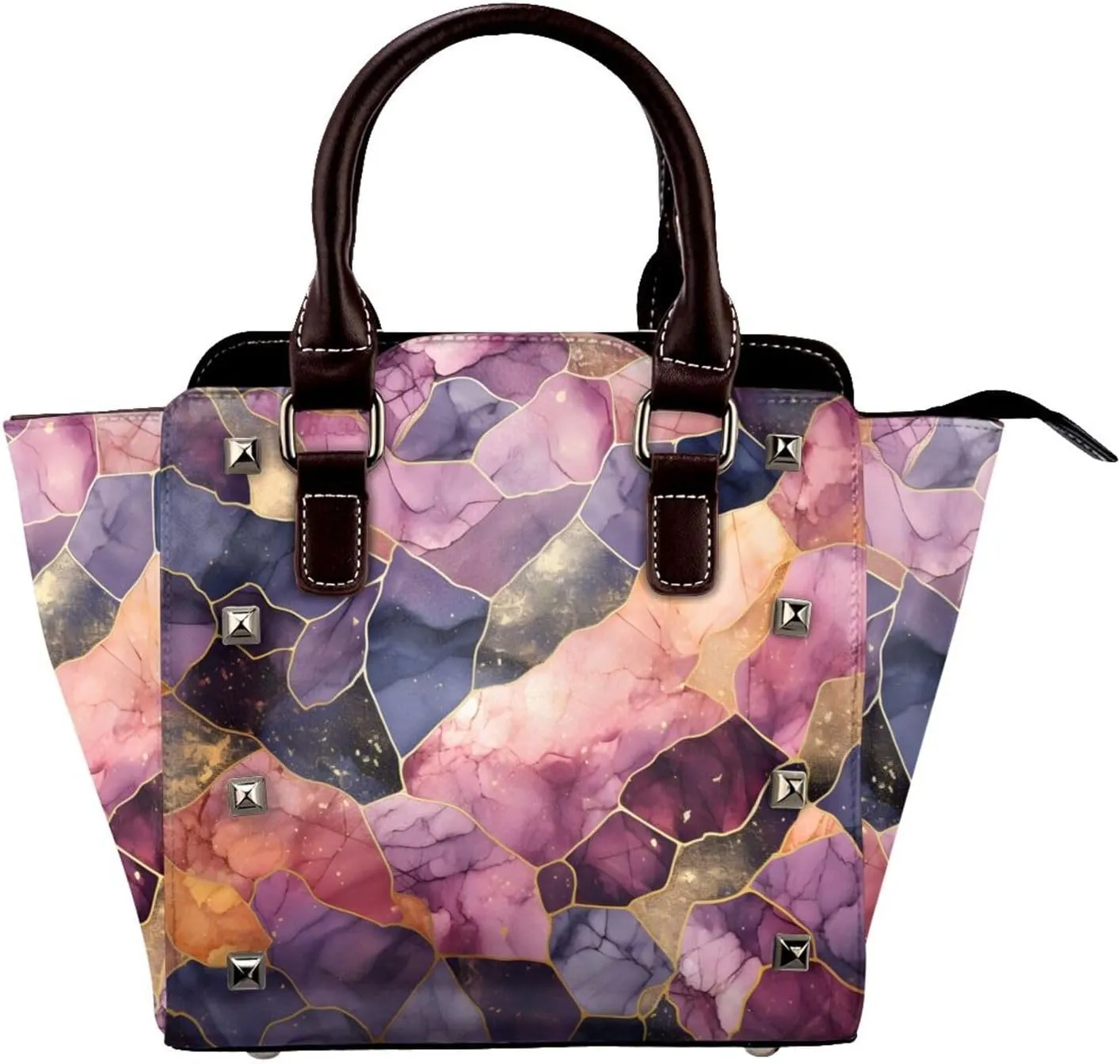 Leather Shoulder Bag for Women, Marble Geometric Studded Purse Galaxy Crossbody Handbags Punk Hobo Bag with Adjustable Strap