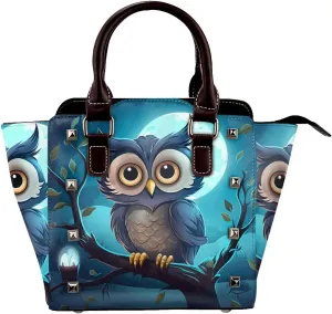 Leather Shoulder Bag for Women, Night Owl Studded Purse Cute Owl on Tree Crossbody Handbags Punk Hobo Bag with Adjustable Strap