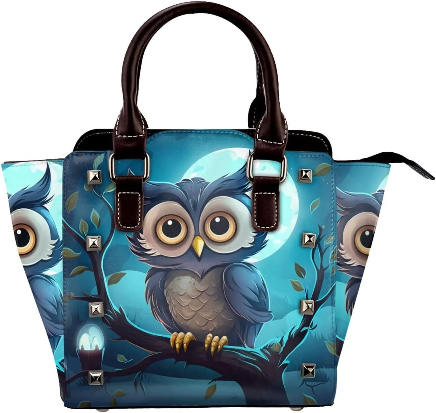 Leather Shoulder Bag for Women, Night Owl Studded Purse Cute Owl on Tree Crossbody Handbags Punk Hobo Bag with Adjustable Strap